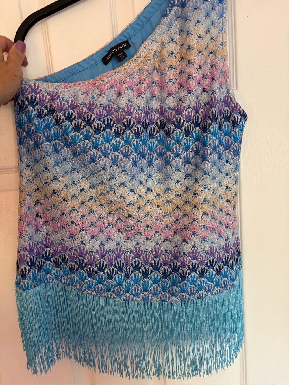 Boston Proper Blue Multicolor Fringe Knit Tank
